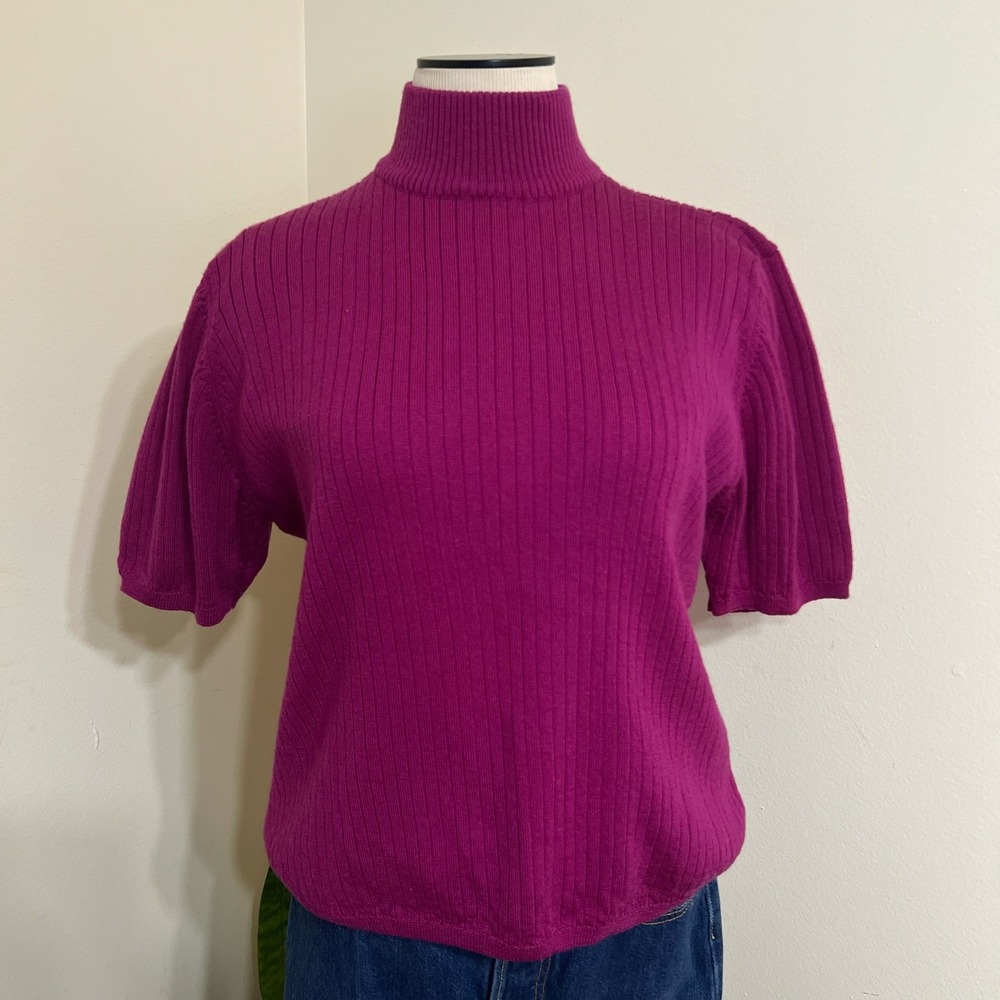 Ribbed Knit 100% Wool Mock Neck Top Size Large Magenta